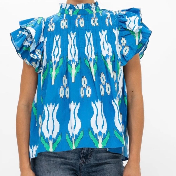 Oliphant Tops - OLIPHANT PINTUCK RUFFLE TOP SUMBA BLUE